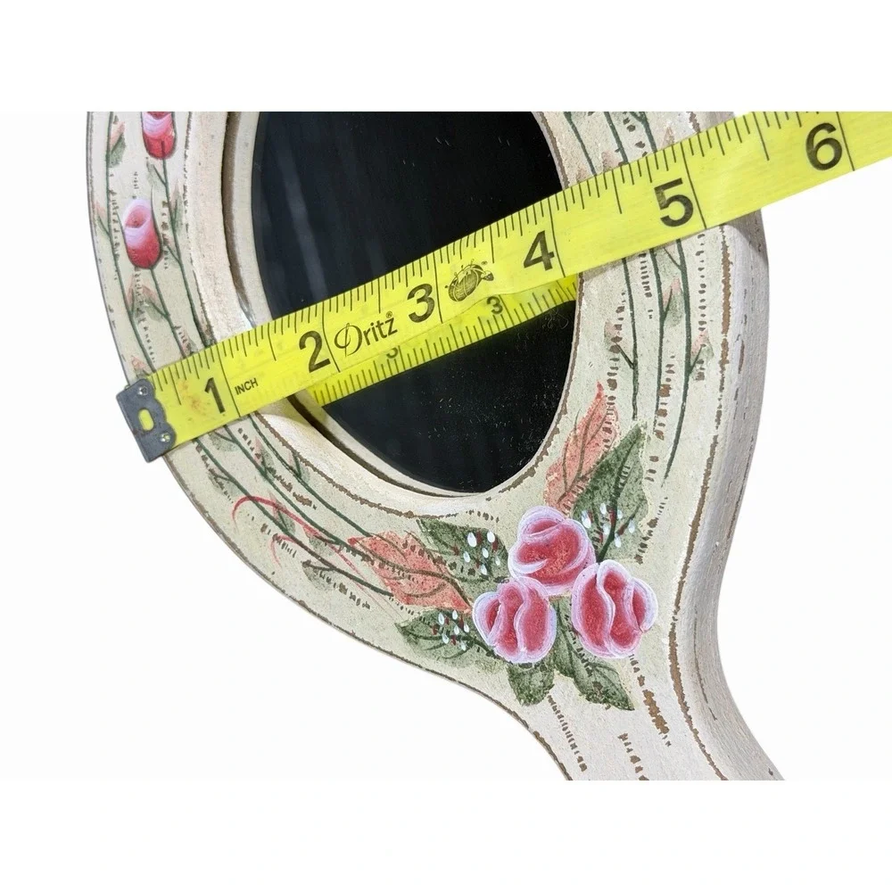 Vtg Floral Hand Mirror Wooden Flowers Cottagecore Vanity Shabby Chic 10